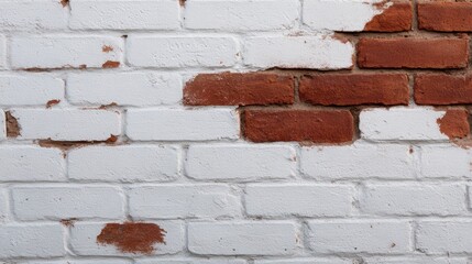 Close-up view of a weathered brick wall showcasing peeling paint and exposed red bricks, with a rustic charm