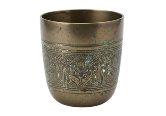 Ornate, antique brass cup with detailed engraved floral and geometric designs.