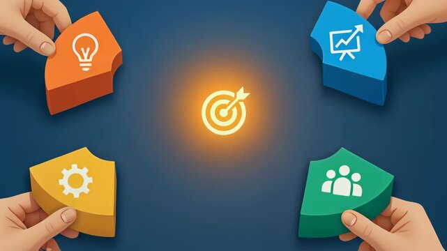 Business target alignment concept with hands assembling puzzle pieces representing idea teamwork process growth strategy for effective teamwork