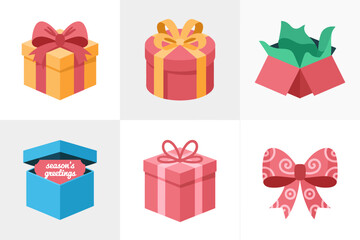 Colorful Christmas presents illustration collection, decorative gift box designs, festive holiday vector art, cheerful seasonal celebration graphics, packaging elements