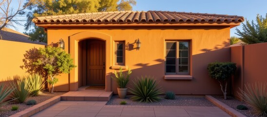 Accessory dwelling unit. Charming yellow house with a tiled roof and lush greenery in the garden.