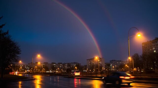Vibrant double rainbow over city street at night
