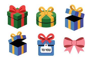 Festive holiday gift box vector collection, decorative present illustrations, Christmas ribbon bow designs, seasonal packaging graphics, cheerful celebration art elements