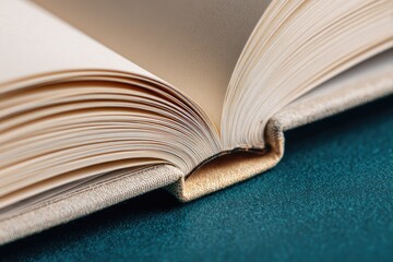 Open book, pages fanned, rests on teal surface