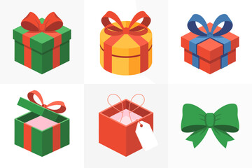 Christmas present illustration set, colorful gift box vector designs, decorative ribbon bows, festive holiday packaging graphics, seasonal celebration art style