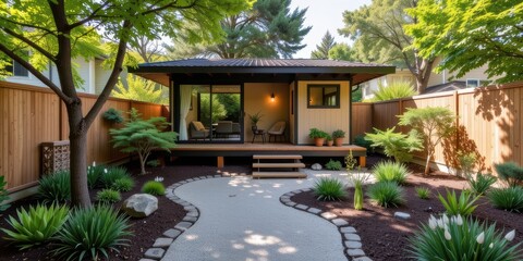 Fototapeta premium Accessory dwelling unit. Modern garden setting featuring a cozy house and lush greenery.