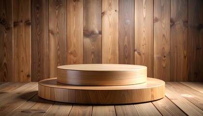 empty wooden round podium stage on wooden background with copy space