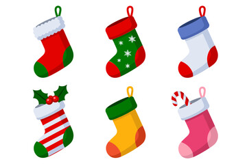 Colorful Christmas stocking collection, decorative sock vectors filled with presents, striped candy cane patterns, festive seasonal illustrations