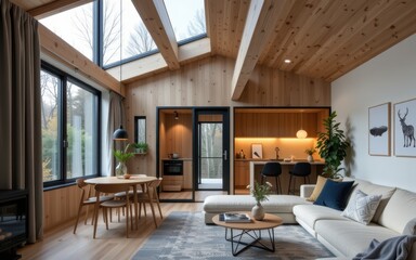 Accessory dwelling unit. Cozy modern living space with wooden accents and large windows for natural light.