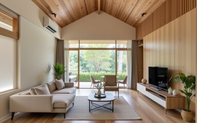 Accessory dwelling unit. Modern living room with large windows and wooden accents, featuring cozy furnishings.