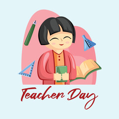 Teacher Day with Bright Cute Cartoon People, Stationery Element and Background