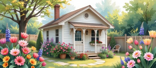 Accessory dwelling unit. Charming cottage surrounded by vibrant flowers and lush greenery.