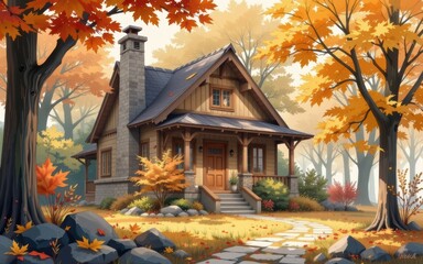 Accessory dwelling unit. Cozy cabin surrounded by vibrant autumn foliage and a stone pathway.