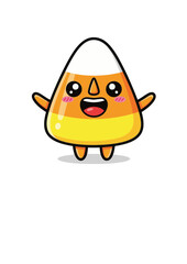 Obraz premium Cute candy corn character with a happy smiling face, a cheerful kawaii mascot illustration for Halloween treats and autumn sweets