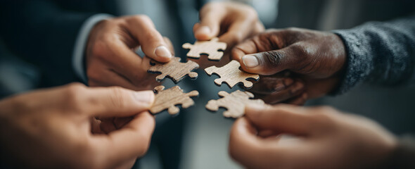 Group of hands joining puzzle pieces together, representing teamwork, unity, collaboration, problem solving, strategic planning, and building partnerships in professional growth.