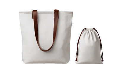 Canvas Tote Bag and Drawstring Pouch with Leather Straps isolated on a transparent background