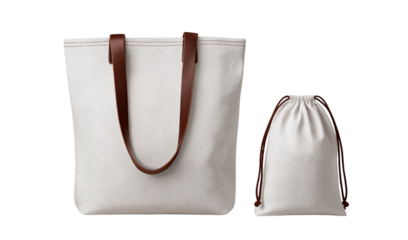 Canvas Tote Bag and Drawstring Pouch with Leather Straps isolated on a transparent background