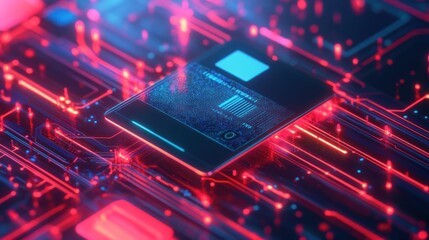 High-tech chip on circuit board, futuristic design, glowing lines