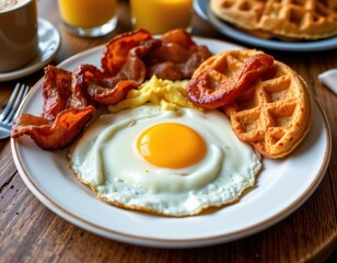 Classic breakfast plate with sunny side up egg crispy bacon waffle slices and syrup on a white plate served with drinks in the background
