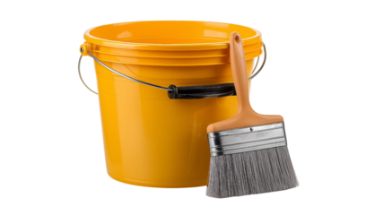Yellow Paint Bucket and Brush Isolated yellow bucket isolated on a transparent background