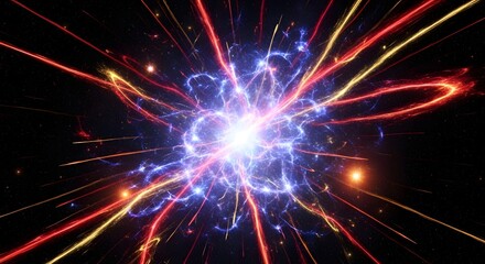 Fototapeta premium Abstract energy burst with red, yellow, and blue light trails.