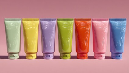 Seven colorful tubes stand in a row against a pink background