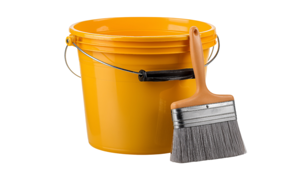 Yellow Paint Bucket and Brush Isolated yellow bucket isolated on a transparent background