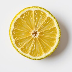 Bright fresh lemon slice halved showing juicy citrus flesh and textured peel on a clean white background for healthy food ingredients and summer refreshment concepts