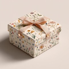 Square gift box, floral print, pale pink ribbon
