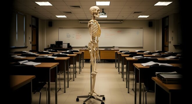 A full human skeleton model stands in the middle of an empty classroom with desks and a whiteboard. - Powered by Adobe