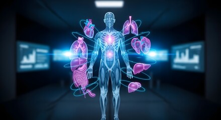 A futuristic holographic interface displaying human anatomy with glowing internal organs in a high-tech environment.