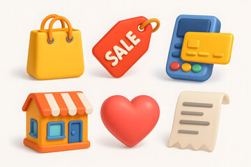 Shop Icons Set: A captivating collection of shopping-themed icons, showcasing essential elements like a shopping bag, sale tag, payment machine, shop, heart, and receipt.