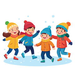 Fototapeta premium Four happy children in winter clothes play together in the snow, smiling and enjoying the cold weather.