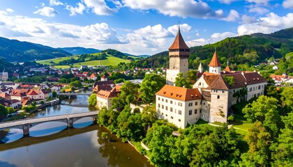 Obraz premium A picturesque, elevated view of a charming European town, complete with a medieval castle, colorful buildings, and a winding river.