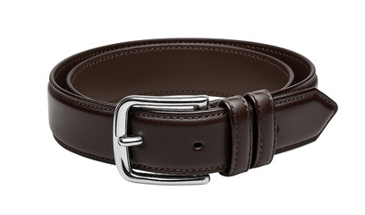 Elegant dark brown leather belt with a silver buckle isolated on a transparent background