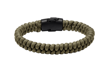 Khaki paracord bracelet with a black plastic clasp isolated on a transparent background