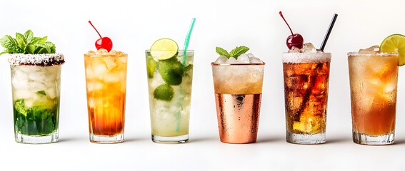 Collection of colorful cocktails with ice cubes, representing tropical drinks, summer refreshment, bar mixology culture, festive celebration, and elegant alcoholic beverage lifestyle.