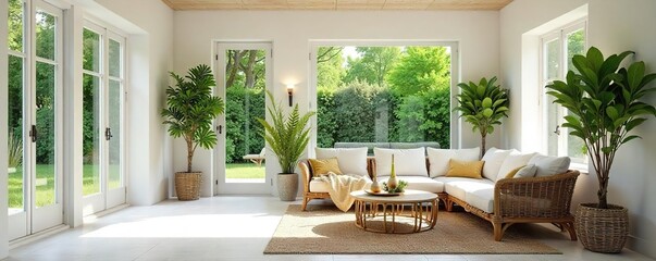 Bright, airy living room with whitewashed walls, wicker furniture, and large windows overlooking a lush green garden  Perfect for a summer escape ,  rustic,  chairs