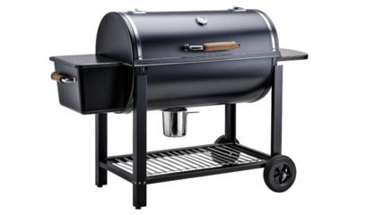 Black Barrel Barbecue Grill on Wheels smoker outdoor cooking isolated on a transparent background