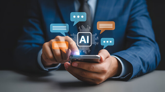 Modern AI communication with smartphone, chat bubble, virtual assistant