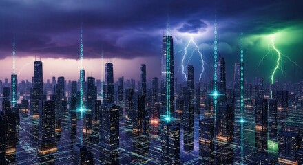 Futuristic smart city with glowing data streams rising into a stormy sky