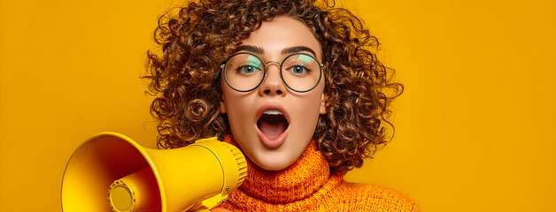 Cheerful young woman holding megaphone shouting joyfully against yellow wall, showcasing promotion, enthusiasm, leadership, activism, and positive marketing communication lifestyle.