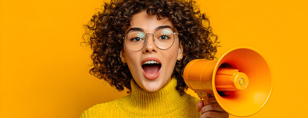 Female speaker with megaphone expressing excitement on vibrant yellow backdrop, representing advertising campaign, empowerment, communication skills, and motivational public speaking energy.