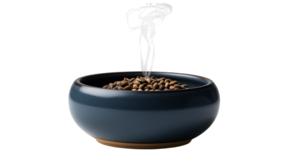 Bowl of roasted coffee beans with steam isolated on a transparent background