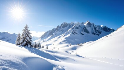 A breathtaking snowy mountain peak under a bright blue sky background