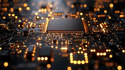 High-tech CPU chip on illuminated circuit board with glowing lights