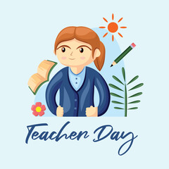 Teacher Day with Bright Cute Cartoon People, Stationery Element and Background