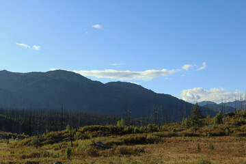 A Serene Mountain Landscape Majestically Set Under a Clear Blue Sky