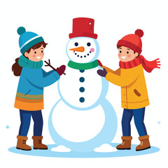 Two children happily constructing a snowman with a carrot nose and button eyes in winter.