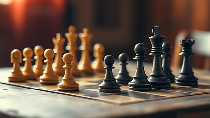 Chess pieces strategically placed on a weathered wooden table with warm vintage lighting.